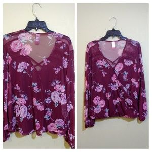 No boundaries burgundy floral sheer top 2x